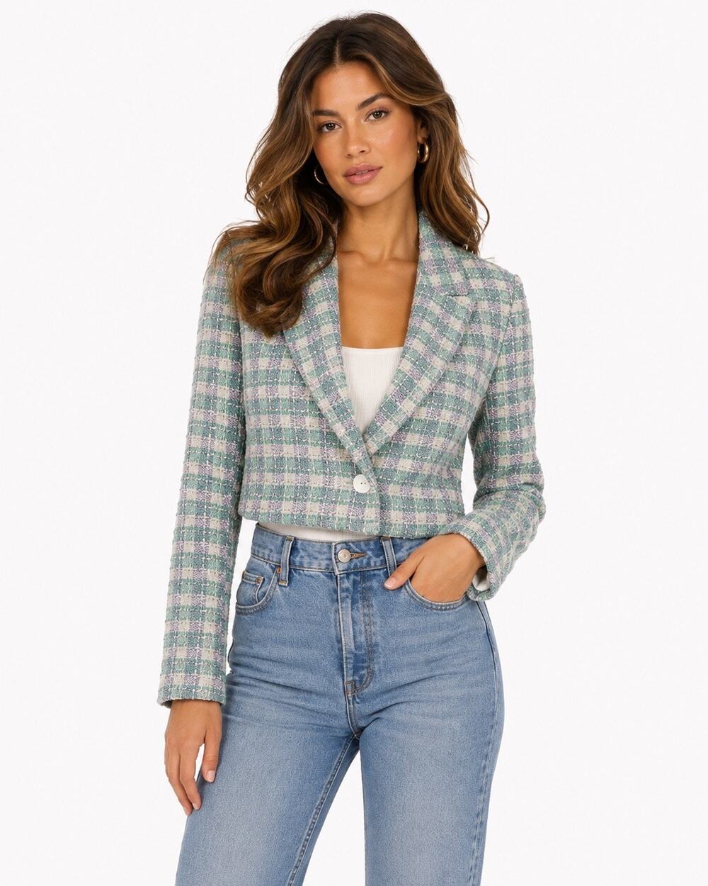 Zara Sea Green, Lavender & White Textured Cropped Single Breasted Blazer